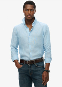 SUPERDRY Vacation Long Sleeve Linen Shirt - Sea Blue Chambray