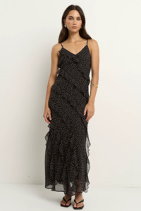 New Arrivals: GEORGIA MAE Galore Bias Ruffle Slip Maxi Dress - Black Polka Dot