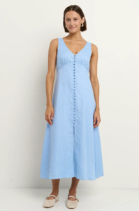 AMONG THE BRAVE Panama Linen Sleeveless Button Front Midi Dress - Sky Blue