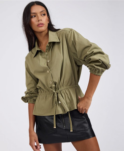 ONE TEASPOON Tie Waist Cotton Shirt - Khaki