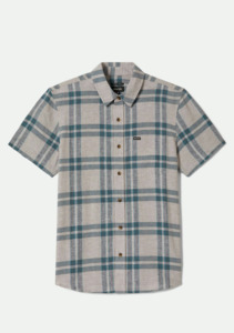 Mens: BRIXTON Charter Linen Blend Short Sleeve Woven - Beige / Azure Blue Plaid