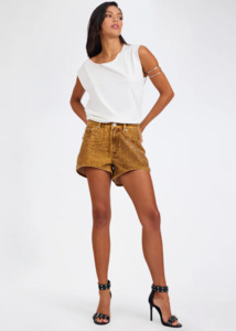 ONE TEASPOON Truckers Mid Waist Relaxed Flocked Denim Shorts - Burnt Tobacco