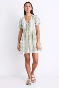 Dresses: IVY + JAC Frontier Puff Sleeve Tie Mini Dress - Khaki Stripe