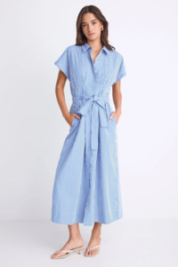 AMONG THE BRAVE Camden Pleated Midi Shirt Dress - Bright Blue Stripe