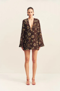 SHONA JOY Vacanza Plunged Long Sleeve Mini Dress - Medallion Stamp