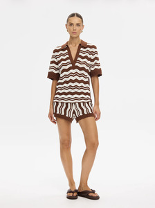 Kivari: KIVARI Sarah Knit Polo Top - Choc/Ivory Stripe