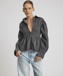 ONE TEASPOON Cafe Terrace Shirred Chambray Shirt - Black