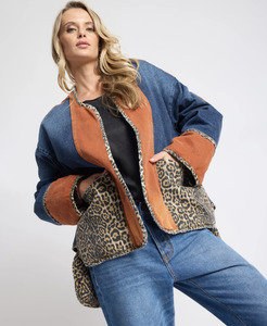 ONE TEASPOON Bang Bang Reversible Colour Blocked Denim Wadded Jacket - Animal Blue Rust