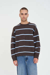 Mens: HUFFER Stack Stripe Knit Crew - Chestnut / Blue