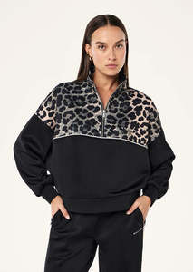 P E Nation: P.E NATION Boundless Zip Neck Sweat - Black / Leopard