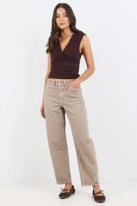 New Arrivals: STORIES BE TOLD Idolise Taupe Stretch Soft Barrel Jean - Taupe