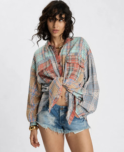 ONE TEASPOON Sunset Madras Check Tie Back Shirt - Coral Teal
