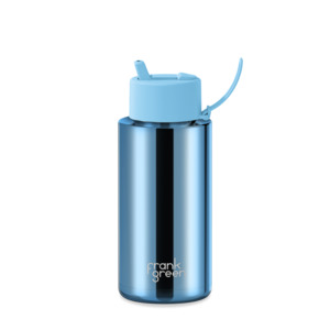 Coffee Tea: Frank Green 34oz Light Blue Chrome with Flip Straw Lid