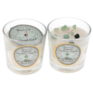 CRYSTAL SAND CANDLE - Good Luck Green Aventurine Opium Scented Votive