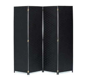 4 Panel Wooden Room Divider – Flexible Privacy Screen with Woven Rattan (Black)