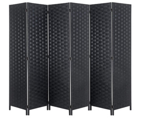 6-Panel Wooden Room Divider – Flexible Privacy Screen with Woven Rattan
