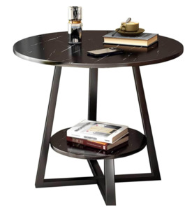 Coffee Table: Elegant Round End Table – Faux Marble Texture with Sturdy Metal Frame
