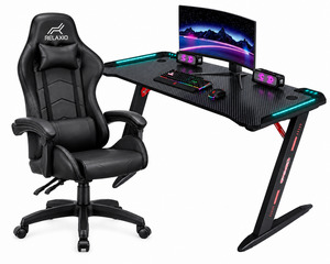 Computer Desk: Gaming Desk with RGB Lights & Relaxio Gaming Chair – Black Combo set