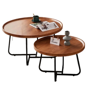 Round Nesting Side Coffee Table Set Antique Wood Finish