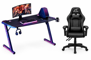 Computer Desk: Ergonomic Gaming Chair & LED Z-Shaped Gaming Desk- Gaming Setup