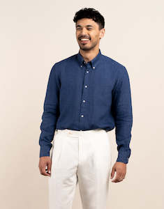 Shirts Casual Long Sleeve: Ohope Ink Blue Linen Shirt