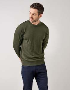 Mens Merino Knitwear Ppc: Naseby Olive Green Crew Neck Jersey