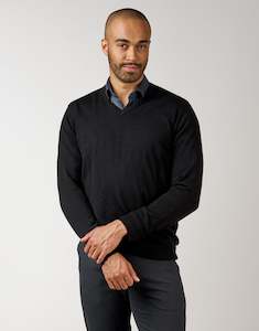 Mens Merino Knitwear Ppc: Fairlie Black V-Neck Jersey