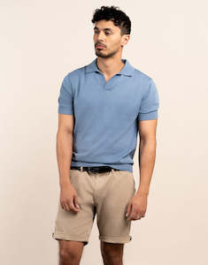 Mens Linen Shirts: Amalfi Dusty Blue Knitted Polo