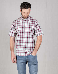 Mens Linen Shirts: Raglan Burgundy Check Short Sleeve Shirt