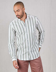 Mens Linen Shirts: Ohope Green & Brown Stripe Shirt