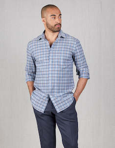 Mens Linen Shirts: Sinatra Blue & Brown Check Shirt