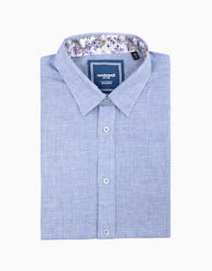 Raglan Blue Linen Dogtooth Short Sleeve Shirt