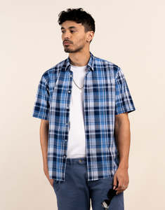 Raglan Blue and Navy Check Short Sleeve Shirt