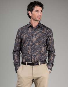 London Navy & Brown Paisley Print Shirt