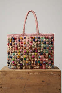 Multi POM POM Raffia Tote, width 41.5cm Length 30.5cm