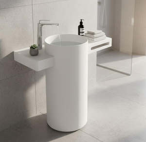 Basin: Nora Venezia Solid Surface Free Standing Basin with 1 Taphole (Left) and Towel Rail (Right) Matt White (FA11-1THL-TRR)