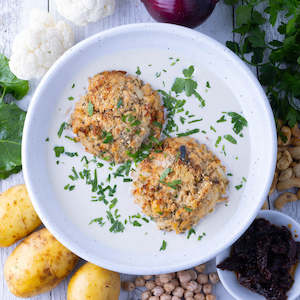 Top Sellers: Greek Potato & Chickpea Cakes w Creamy Cauli Cashew Sauce