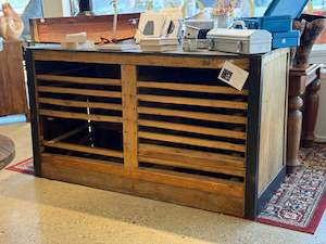 Revology Designs: Antique French Pharmacy Counter – Oak & Metal, Late 19th Century | REVOLOGY