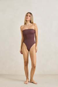 New Swim Arrivals: Sol Stripe Strapless One Piece Merlot