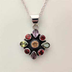 Peridot, Amethyst, Ruby and Citrine Flower 925 Sterling Silver Pendant