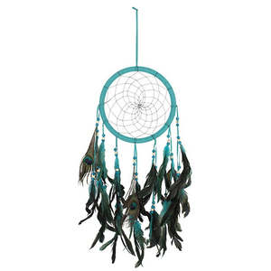 Teal Peacock Feather Black Thread Dreamcatcher - "Zonta"