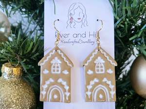 Christmas Folk Gingerbread House Hook Earrings