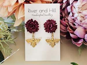 Stud Back: Carnation and Bee Charm Gold Earrings