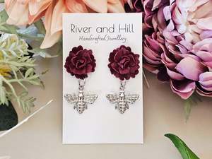 Carnation and Bee Charm Silver Earrings