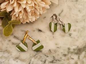 Hoops: Striped Hoop Heart Earrings Olive and Sage Green