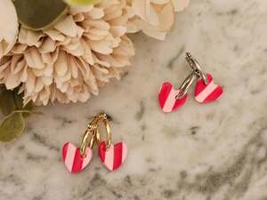Hoops: Striped Hoop Heart Earrings Pink and Red