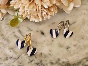 Striped Hoop Heart Earrings Navy and White