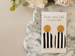 Striped Statement Earrings Black, White and Mustard