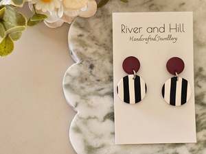 Stud Back: Striped Earrings Black, White and Burgundy