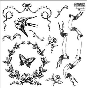 Iron Orchid Designs Decor Stamps: IOD Decor Stamp 15.5 x 15.5cm - Countryside Memoirs (Mini Stamp - 4 sheets) with masks